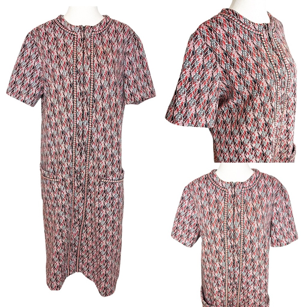 Vintage 60s VOLUP Union Made Knit Patterned Braided Trim Zip Front Dress